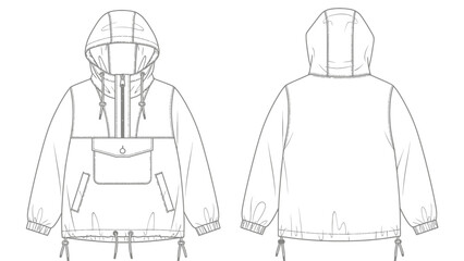 Fashionable technical outerwear Front and back views of a hooded anorak jacket