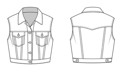 Fashion Flat Sketch Classic Denim Vest with Collar and Button Front, Front and Back Views