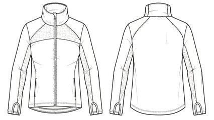 Technical fleece jacket template with front and back views for apparel design and manufacturing