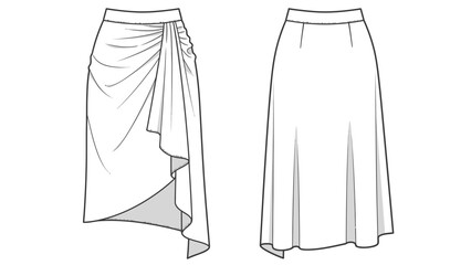 Fashion illustration of a draped asymmetrical midi skirt with gathered details