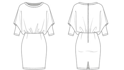 Fashion sketch of a short-sleeved casual dress with a gathered waistline and back zipper