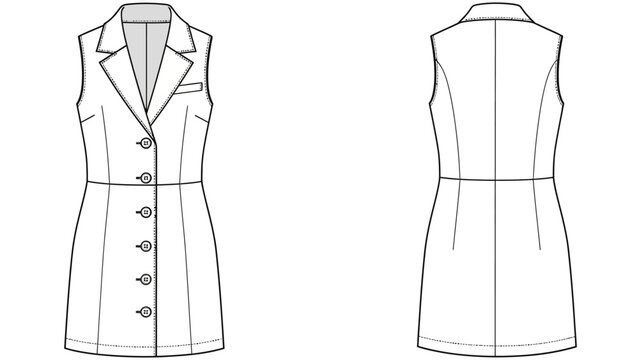 Sleeveless Button-Up Blazer Dress Fashion Illustration with Front and Back Views
