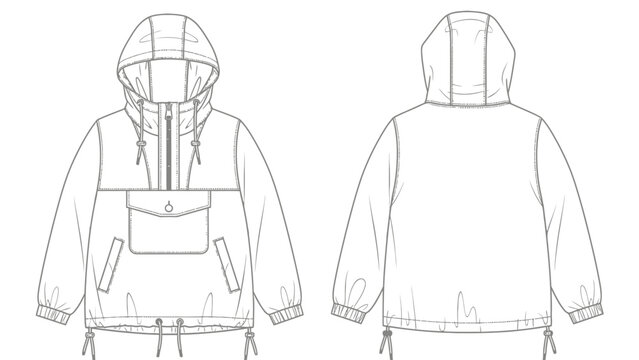 Fashionable technical outerwear Front and back views of a hooded anorak jacket