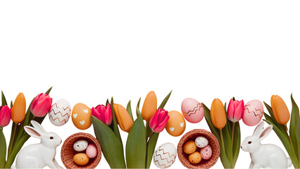  Easter Border with Tulips, White Bunnies, and Colorful Eggs Isolated on White