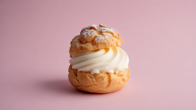 A cream puff filled with whipped cream, dusted with powdered sugar, on a pink background