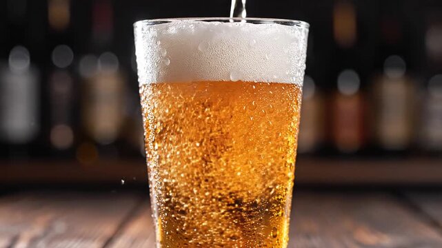 Refreshing golden beer being poured into a glass creating a frothy head and effervescent bubbles set against a blurred background of a bar or pub environment perfect for advertising and beverage conc.