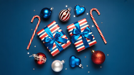Overhead view of two striped christmas gift boxes with blue ribbon surrounded by festive ornament and candy cane on blue background