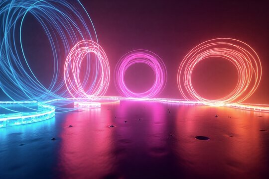 Neon rings glow in vibrant hues over reflective water, creating a futuristic, cyberpunk dreamscape of light and color. - Powered by Adobe