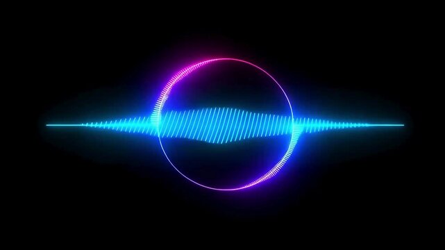  Glowing Abstract Neon Audio Sound Wave with Circular Spectrum on Black