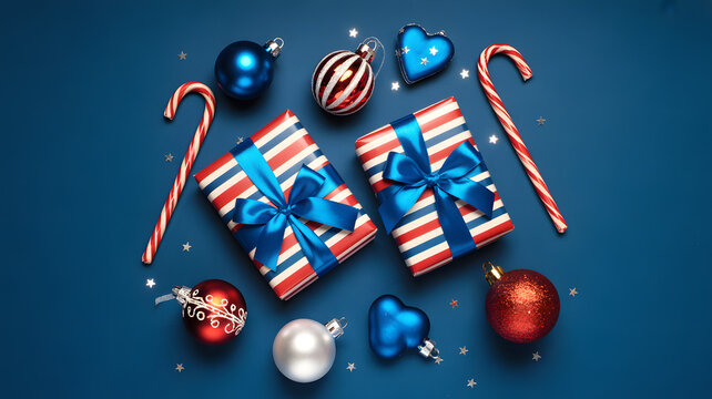 Overhead view of two striped christmas gift boxes with blue ribbon surrounded by festive ornament and candy cane on blue background