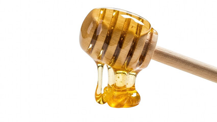 Close up of a wooden honey dipper covered in dripping golden honey isolated on transparent background