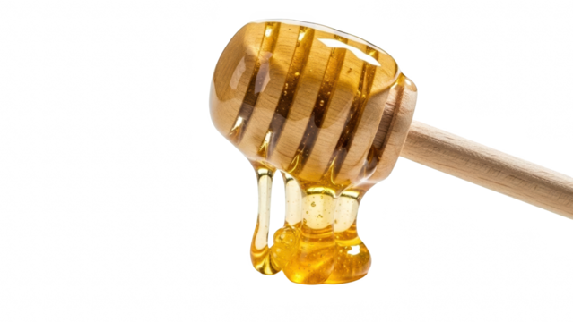 Close up of a wooden honey dipper covered in dripping golden honey isolated on transparent background