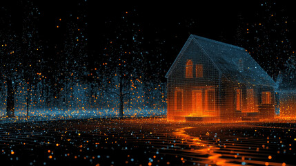 Isolated House at Night with a Warm Glow and Snow