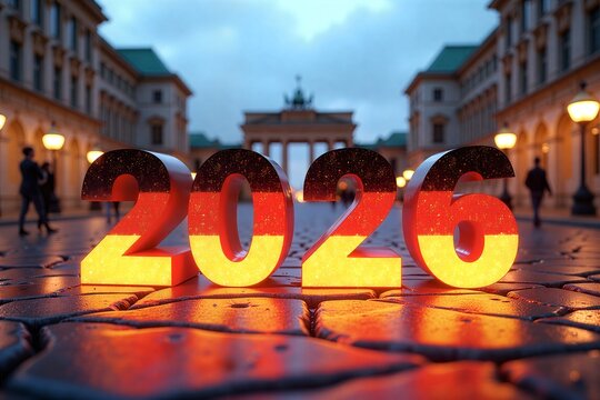 German flag-themed "2026" numbers glow on wet cobblestones, iconic Berlin architecture blurred in background.