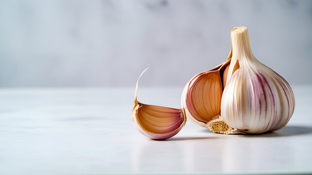 Fresh garlic bulb and clove on a white surface with soft background