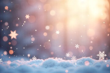 Snowflakes drift softly over fluffy snow under warm, glowing lightpeaceful winter wonderland.