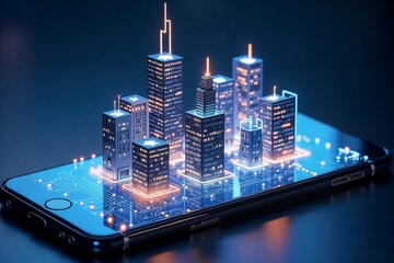 Futuristic cityscape floats above smartphone screen, glowing blue circuit board beneath, symbolizing tech-driven urban future.