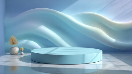 3D Rendered Scene with a Luminous Platform and Abstract Shapes
