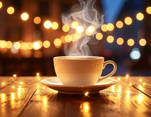Obraz premium Cozy cafe style scene of a steaming coffee cup with fairy lights reflecting on the table, ideal for branding, menus, or lifestyle visuals.