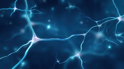 Abstract representation of neurons firing with glowing connections and dynamic lights against a dark blue background for scientific and artistic inspiration