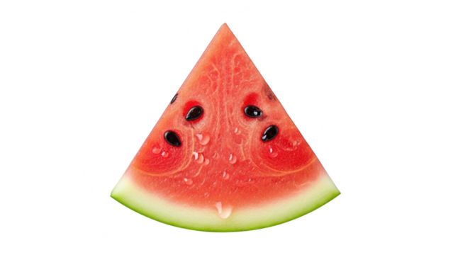 A single triangular slice of fresh, juicy red watermelon with black seeds, isolated on transparent background
