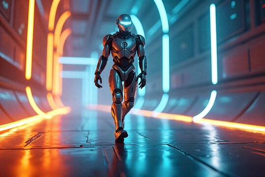 Cyborg walks through neon-lit tunnel, glowing blue and orange lights swirl behind. Futuristic sci-fi atmosphere. - Powered by Adobe