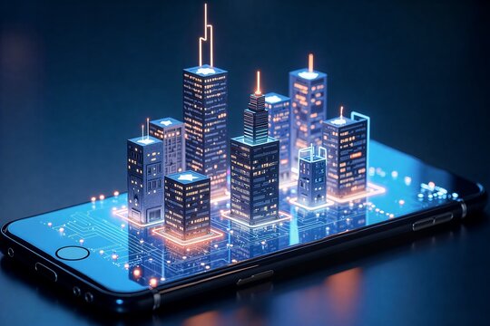 Futuristic cityscape floats above smartphone screen, glowing blue circuit board beneath, symbolizing tech-driven urban future.