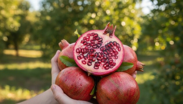 Pomegranate Harvest: A close-up shot of a hand cradling a bountiful harvest of ripe pomegranates, their vibrant red hue contrasting against a backdrop of verdant foliage.