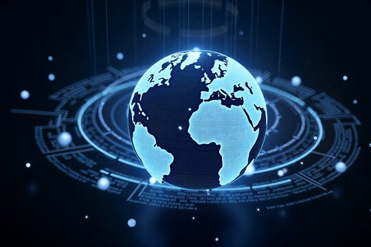 Digital globe floats above futuristic interface, glowing blue continents against dark background. Tech-inspired data visualization scene.