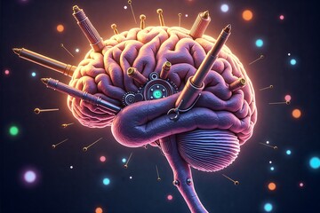 Neural brain fused with mechanical gears and probes, glowing in cosmic space filled with colorful particles.