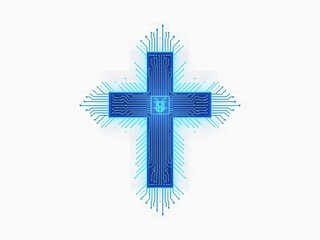 Obraz premium Modern digital cross design with integrated circuit pattern for technology or faith concepts in vibrant blue tones on white background