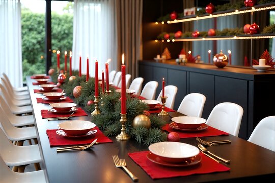 Elegant Christmas table setting: red napkins, gold cutlery, candles, green garlands, festive ornaments on dark wood dining table.