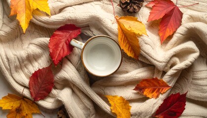 Overhead shot of cozy scene with mug, fall leaves, and knit blanket