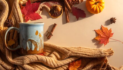 Cozy autumn scene mug, sweater, leaves, pumpkin, and spices arranged on a light surface