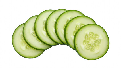 Fresh green cucumber slices fanned out and isolated on transparent background for healthy food concept