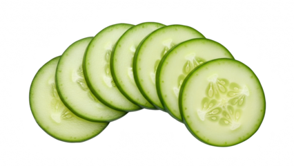 Fresh green cucumber slices fanned out and isolated on transparent background for healthy food concept