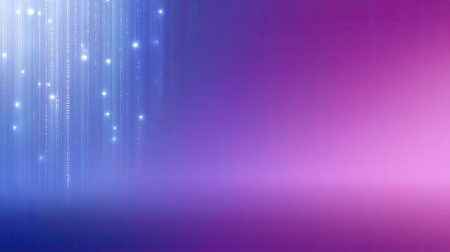 Abstract digital background with shimmering binary code cascading down, blending cool blue and warm purple tones, evoking a futuristic and technological vibe