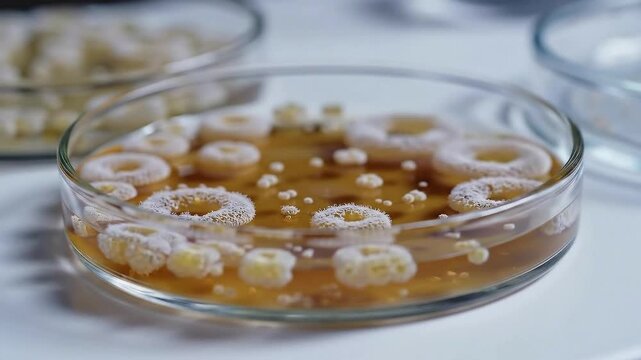 Microbial Colonies Cultured in Agar Medium Within Glass Petri Dishes Under Laboratory Lighting for Scientific Water Quality Analysis and Research