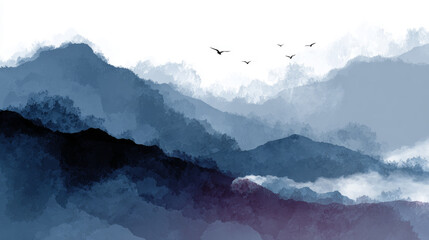  Traditional Chinese Ink Painting of Misty Mountains and Birds