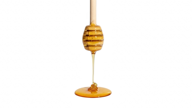 Honey dipper dripping golden viscous liquid honey isolated on transparent background