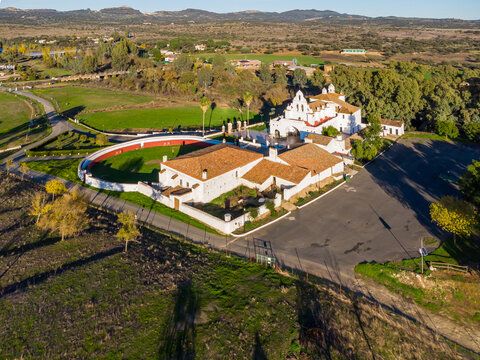 Virgen Generala and the Sunset: The Hermitage of Carri&oacute;n at Dusk (Aerial View). Top-Down View of the 18th-Century Temple in Alburquerque at Nightfall.