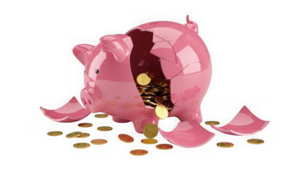 Broken Piggy Bank With Gold Coins Spilling Out Financial Loss