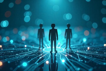 Silhouetted figures stand on glowing circuit paths, surrounded by blue bokeh lights in a futuristic digital realm.