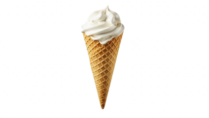 Delicious vanilla soft serve ice cream swirl in a crispy waffle cone isolated on transparent background