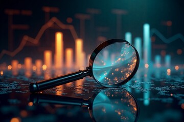 Magnifying glass reveals glowing stock charts on dark surface, symbolizing financial analysis and market trends under futuristic lighting.
