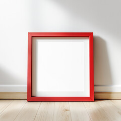 Minimalist red frame with blank white poster leaning against a white wall on a light wooden floor