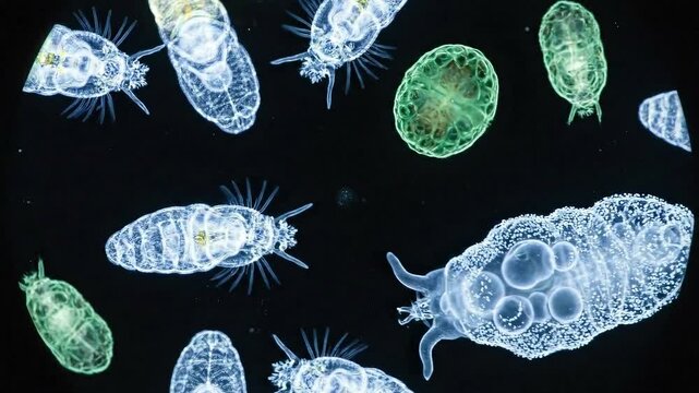 Microscopic Aquatic Organisms Floating In Dark Water Sample Illustrating Water Quality Analysis And Biological Study With Blue And Green Hues