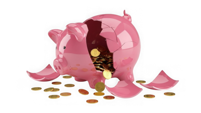 Broken Piggy Bank With Gold Coins Spilling Out Financial Loss