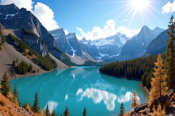 Mountain lake reflects snow-capped peaks under bright sun, surrounded by evergreens and autumn trees.
