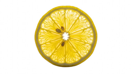Translucent slice of yellow lemon fruit shown against a bright transparent background, backlit for detail